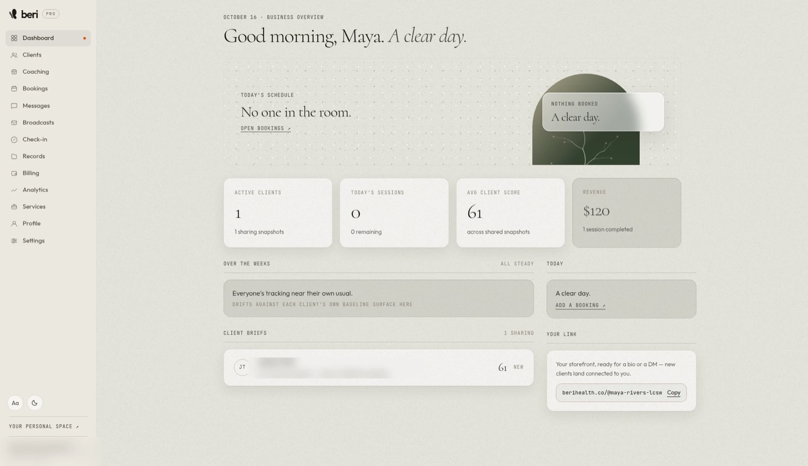 A practitioner’s dashboard in Beri: today’s schedule, client numbers, and the practice’s own link.